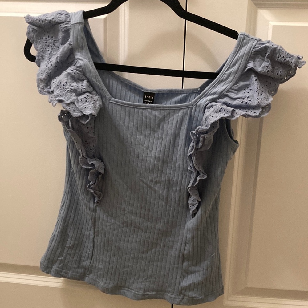 Baby blue ruffled blouse small